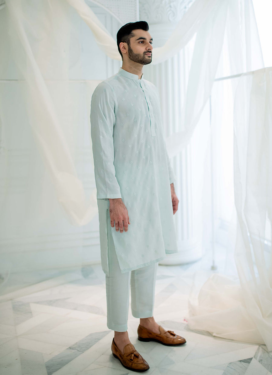 Ice Blue Schiffli Embroidered Pure Silk Kurta (2-Piece) - Image 5