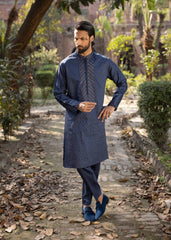 Deep Blue Embroidered Silk Kurta Trouser (2-Piece) - Image 2