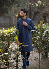 Deep Blue Embroidered Silk Kurta Trouser (2-Piece) - Image 3