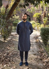 Deep Blue Embroidered Silk Kurta Trouser (2-Piece) - Image 4