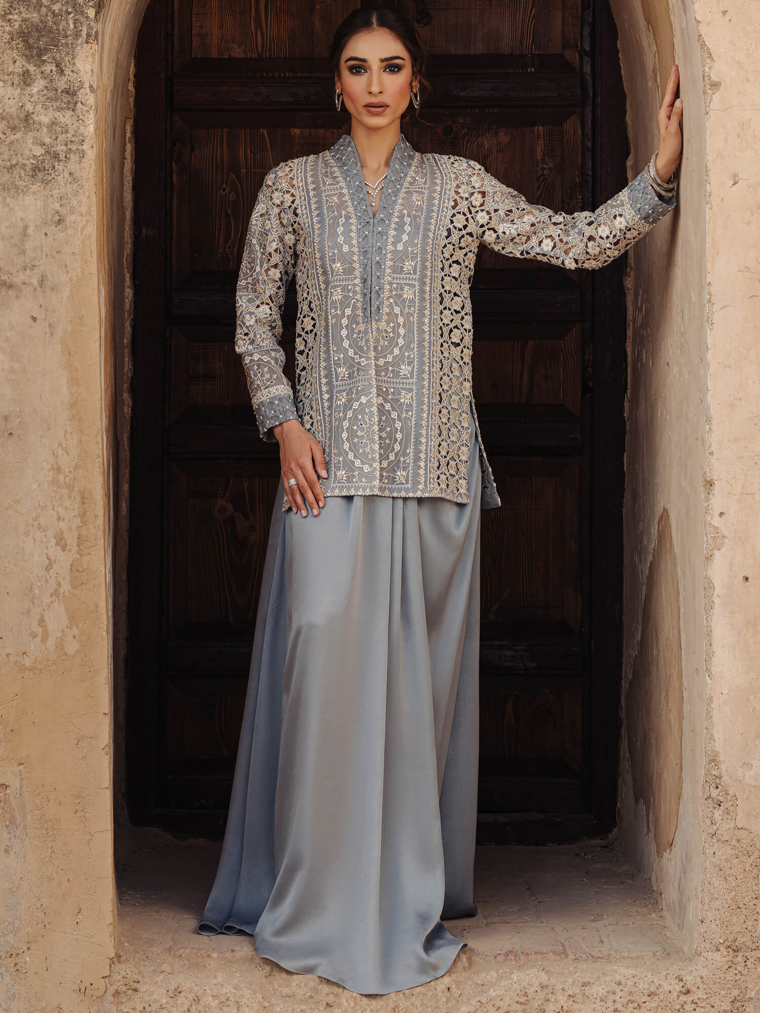 Bel Air Blue Zardozi Organza Jacket Set (3-Piece) - Image 1