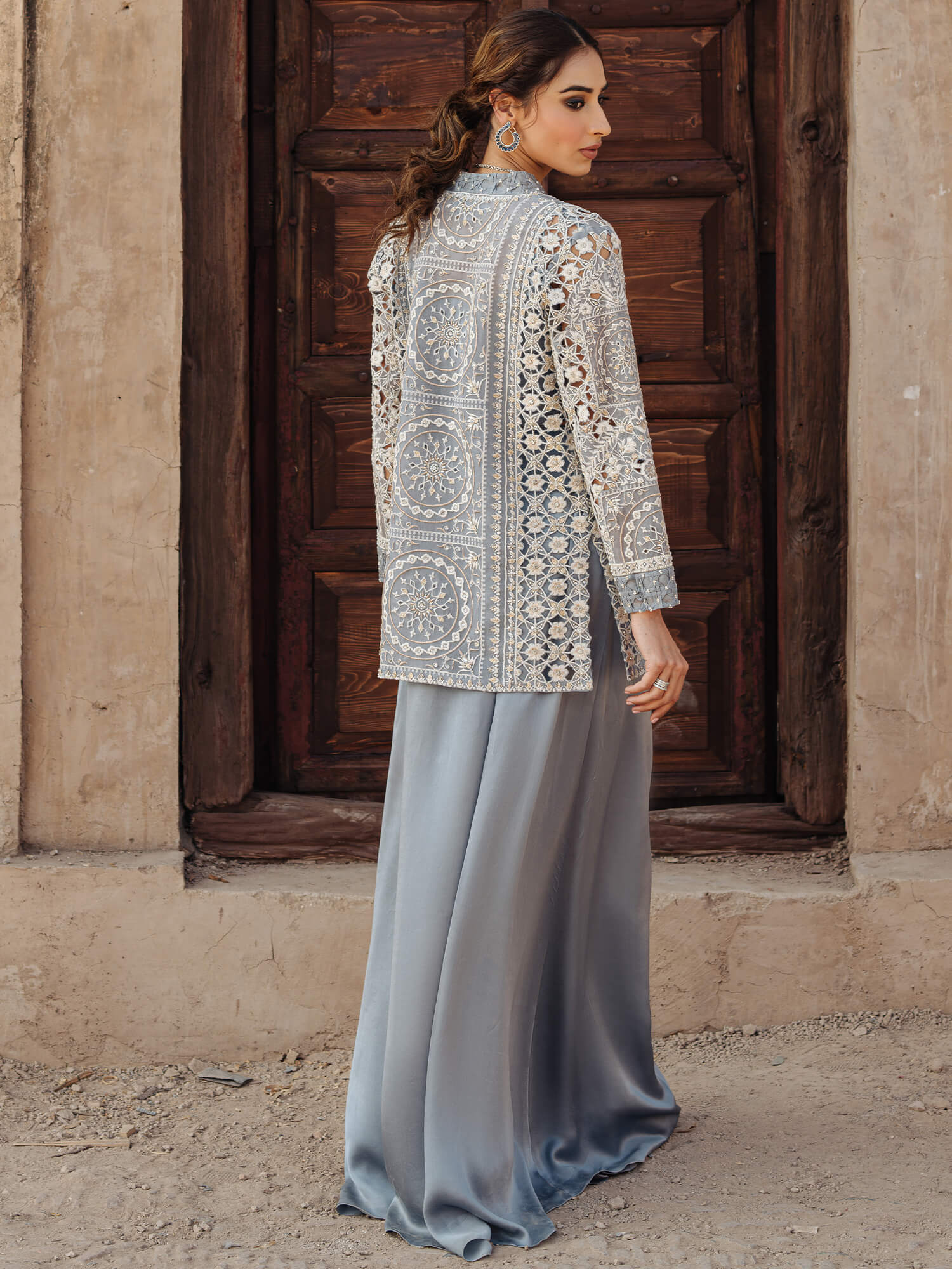 Bel Air Blue Zardozi Organza Jacket Set (3-Piece) - Image 4