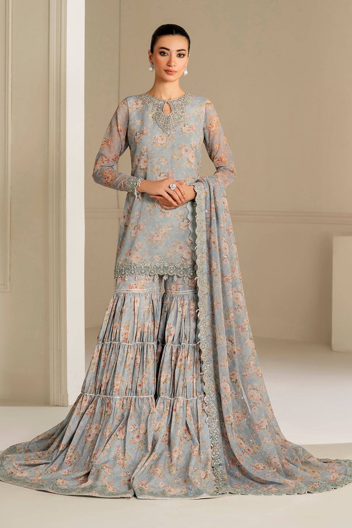 Powder Blue Embroidered Chiffon Gharara Set (3-Piece) - Image 1