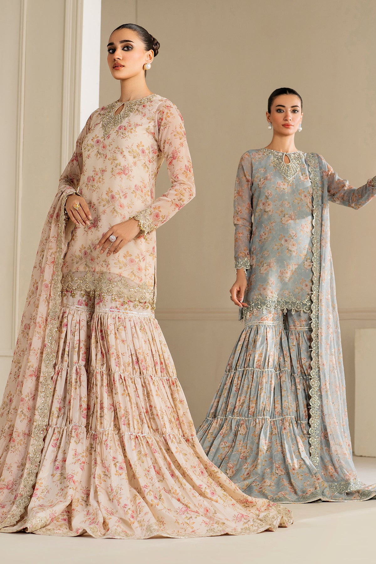 Powder Blue Embroidered Chiffon Gharara Set (3-Piece) - Image 10