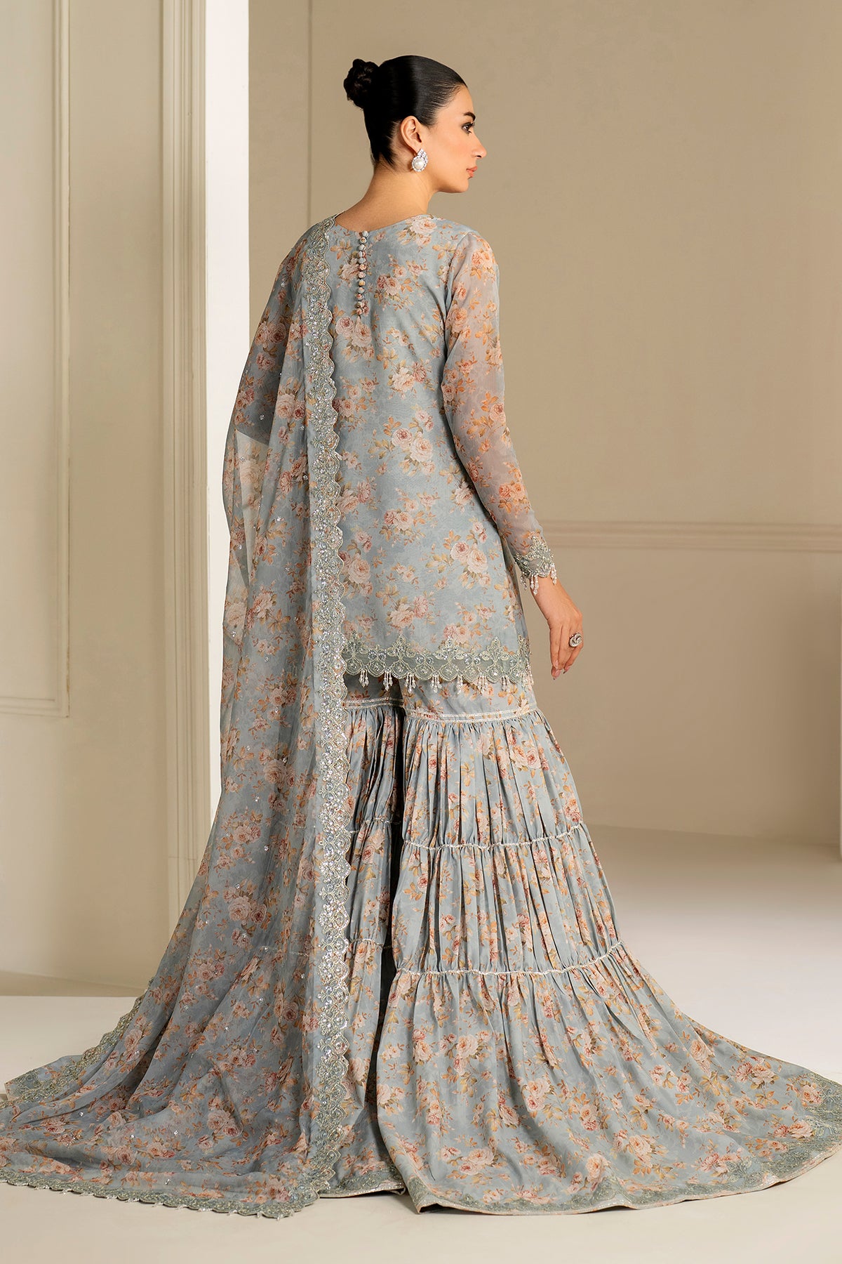 Powder Blue Embroidered Chiffon Gharara Set (3-Piece) - Image 2