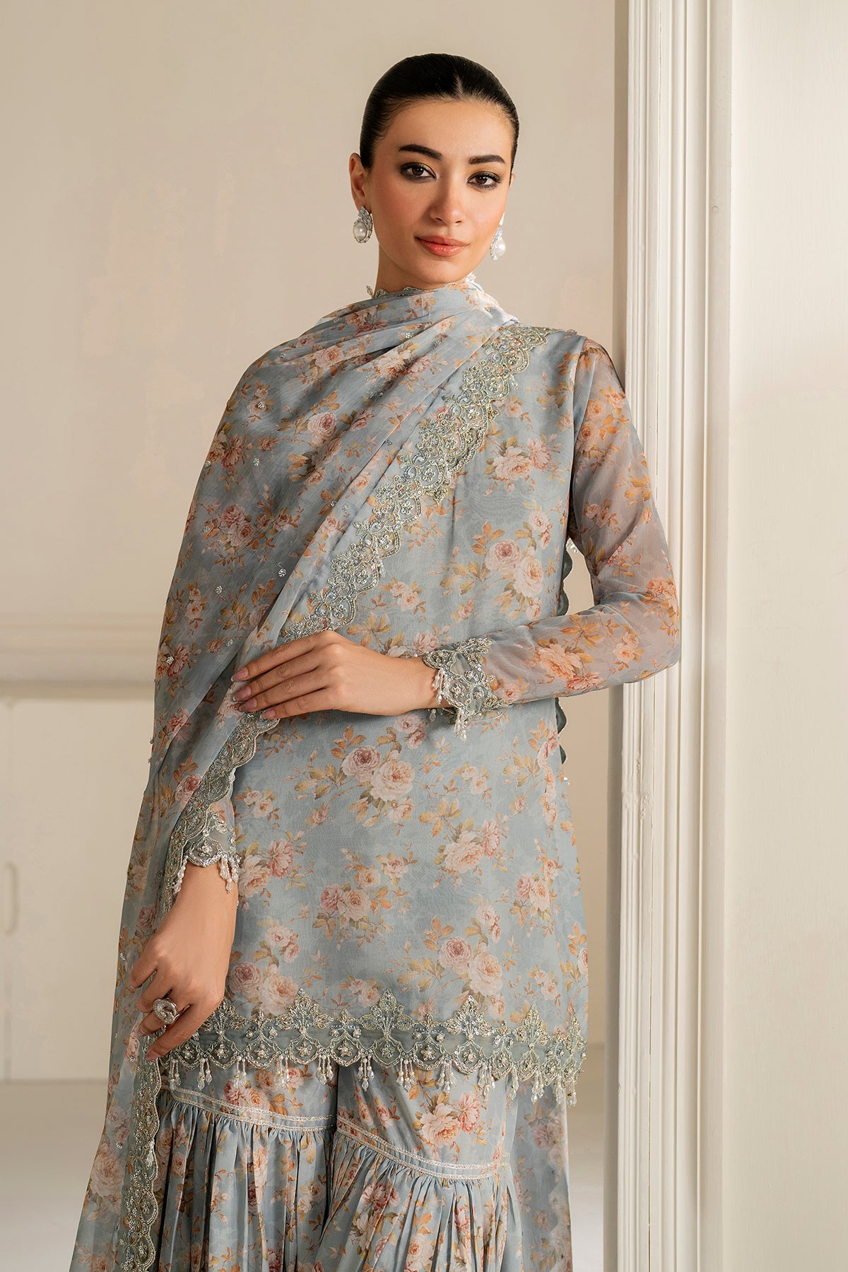 Powder Blue Embroidered Chiffon Gharara Set (3-Piece) - Image 3