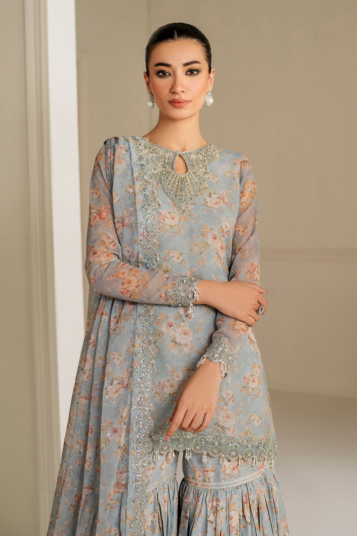 Powder Blue Embroidered Chiffon Gharara Set (3-Piece) - Image 4
