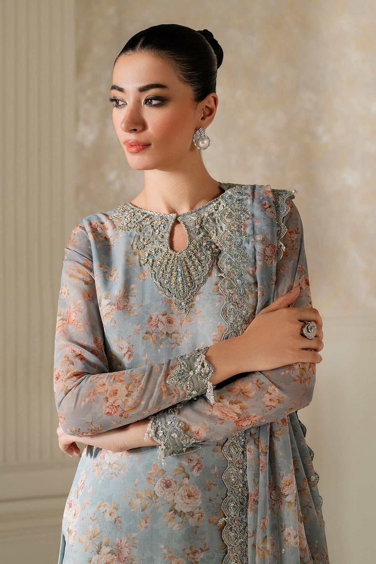 Powder Blue Embroidered Chiffon Gharara Set (3-Piece) - Image 5