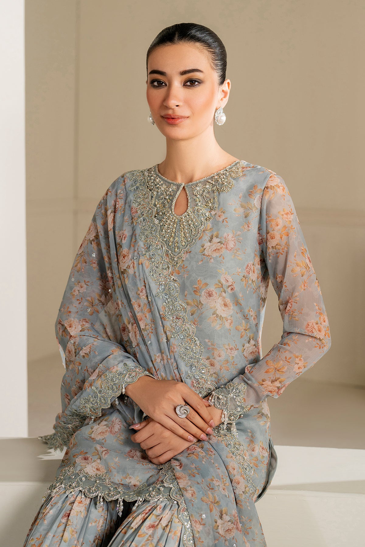 Powder Blue Embroidered Chiffon Gharara Set (3-Piece) - Image 7