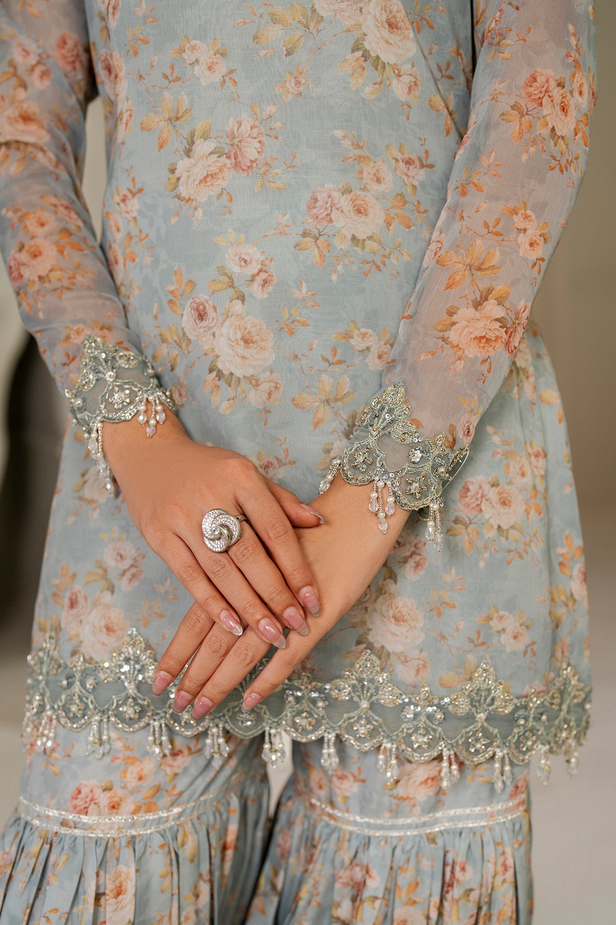 Powder Blue Embroidered Chiffon Gharara Set (3-Piece) - Image 8