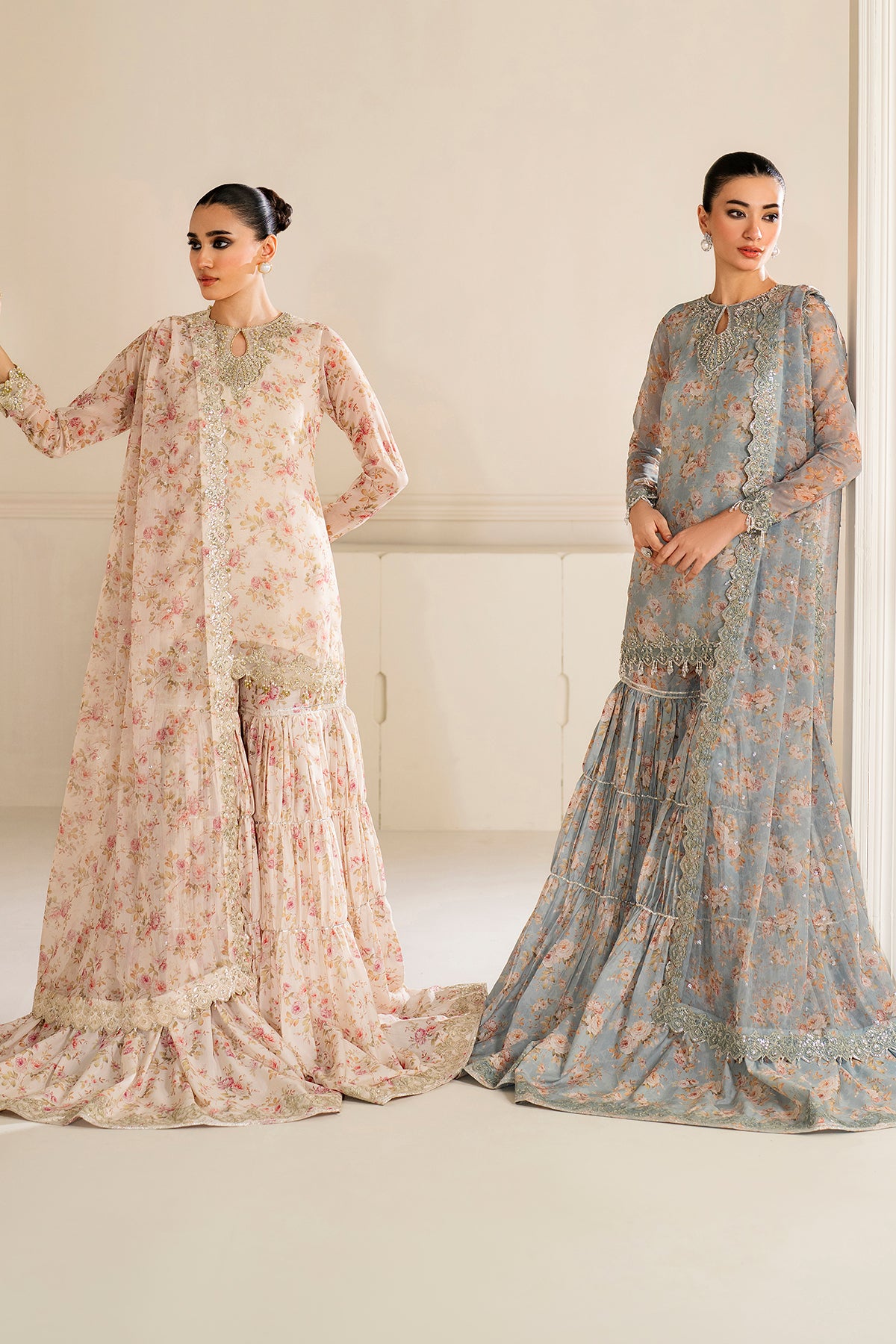 Powder Blue Embroidered Chiffon Gharara Set (3-Piece) - Image 9