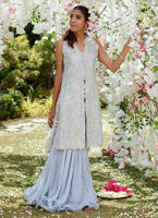 Wedgewood Blue Hand-Embellished Net Jacket with Gharara (2-Piece) - Image 2