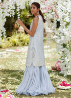 Wedgewood Blue Hand-Embellished Net Jacket with Gharara (2-Piece) - Image 5