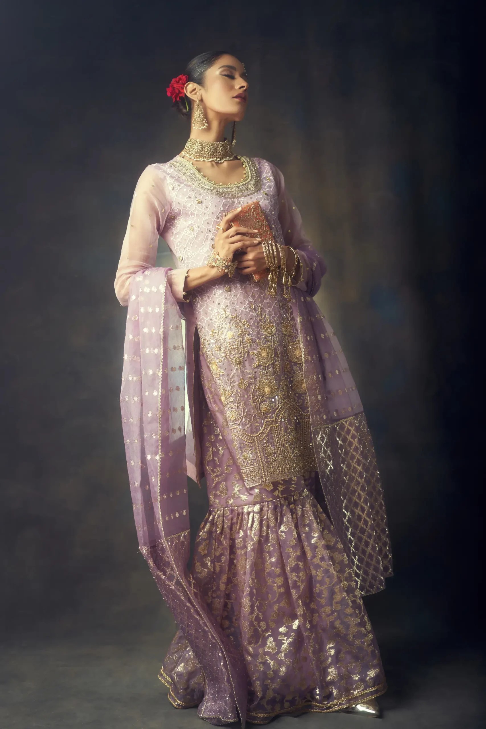 Periwinkle Embroidered Chiffon Gharara (3-Piece) - Image 1