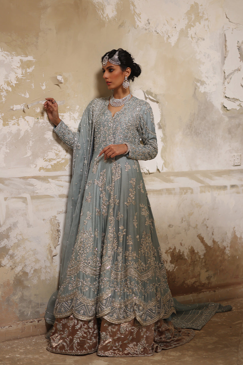 Old Blue Zardozi Jamawar Kalidar Gharara (3-Piece) - Image 4