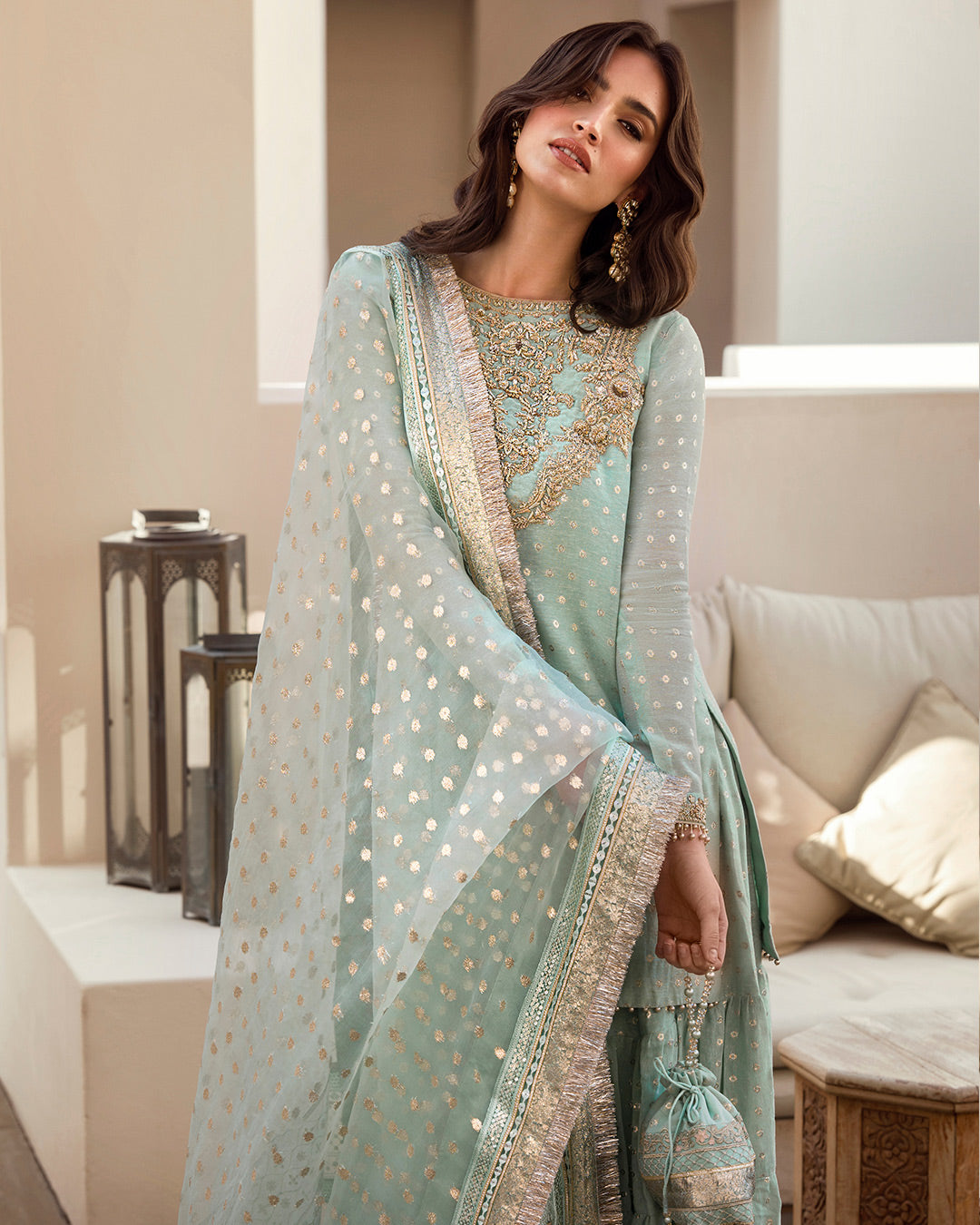 Pakistani Mint Blue Embroidered Karandi Gharara (3-Piece) - Image 2