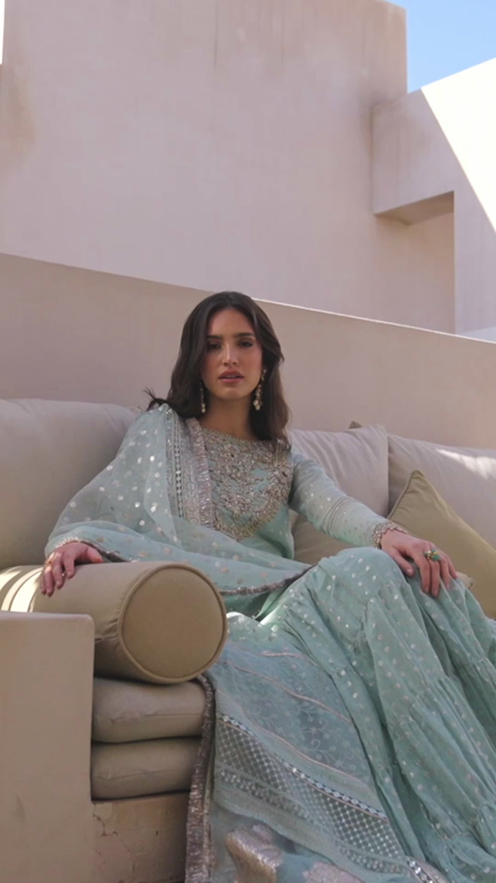 Pakistani Mint Blue Embroidered Karandi Gharara (3-Piece) - Image 6