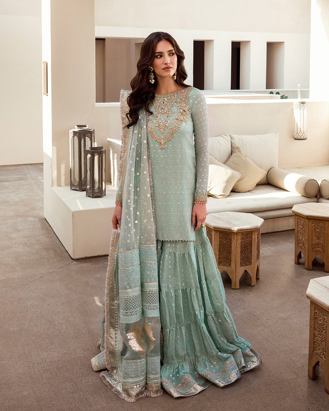 Mint Blue Embroidered Karandi Gharara Set (3-Piece) - Image 1