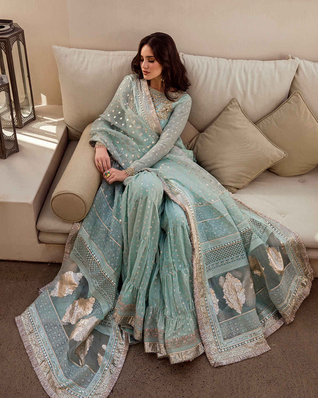 Mint Blue Embroidered Karandi Gharara Set (3-Piece) - Image 4