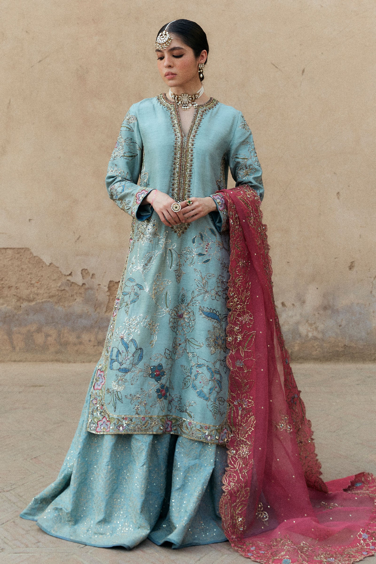 Pakistani Aqua Zardozi Resham Korean Silk Gharara (3-Piece) - Image 1