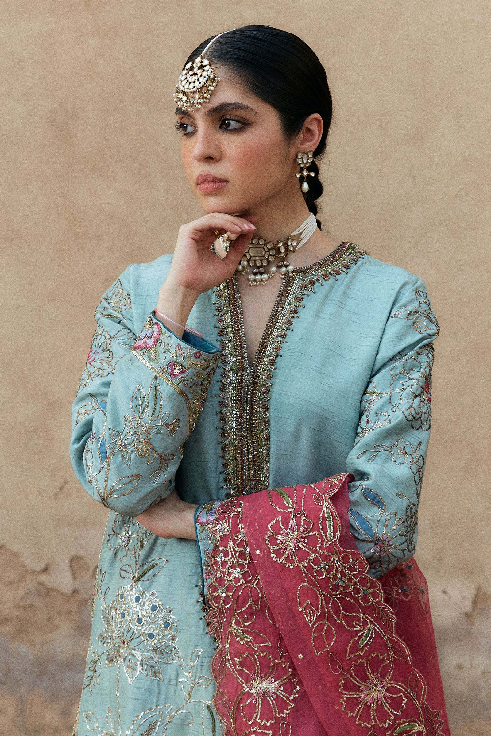Pakistani Aqua Zardozi Resham Korean Silk Gharara (3-Piece) - Image 2