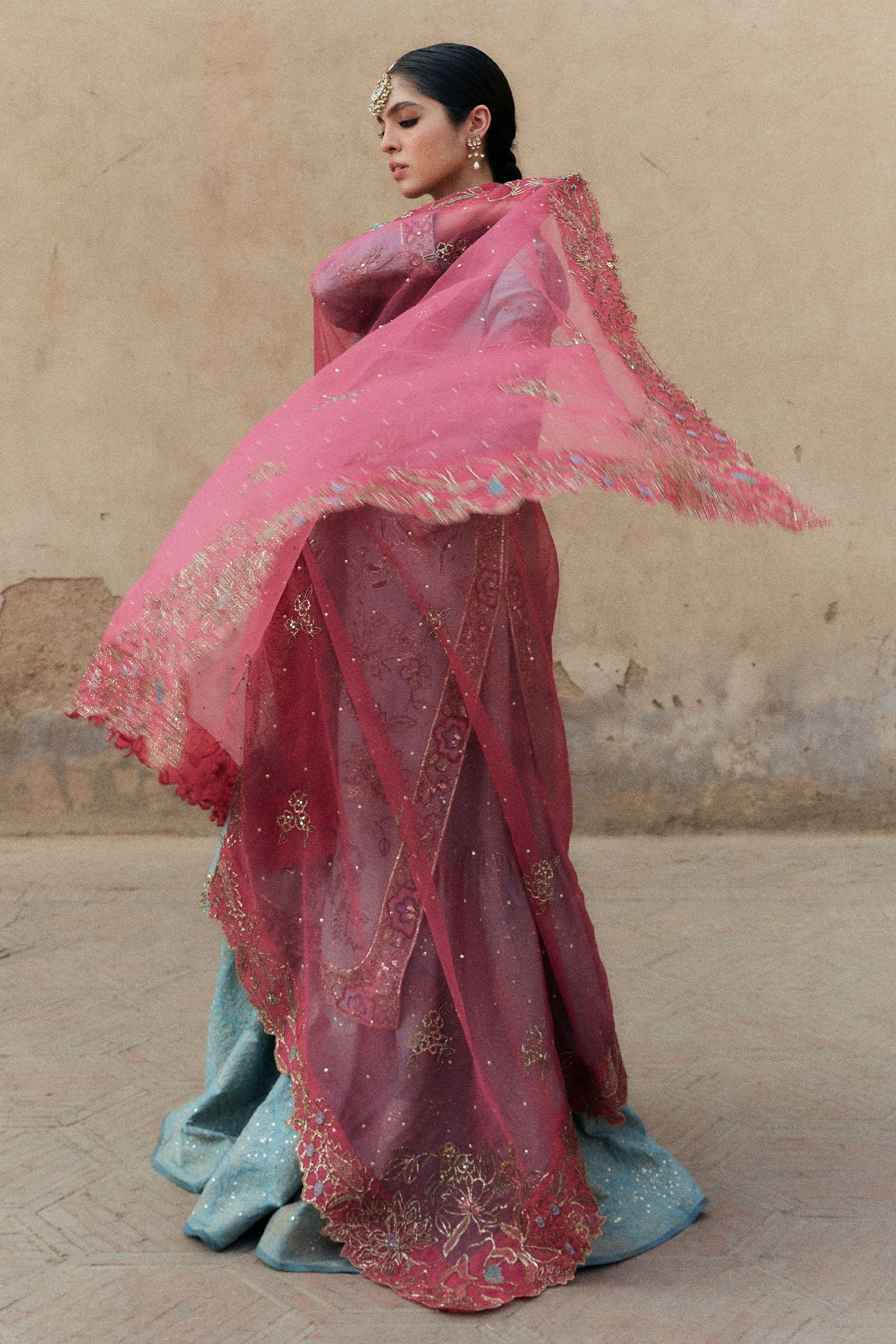 Pakistani Aqua Zardozi Resham Korean Silk Gharara (3-Piece) - Image 3