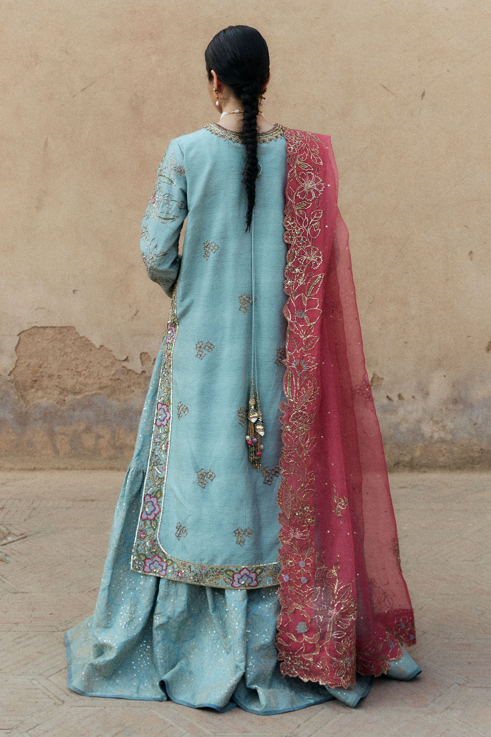 Pakistani Aqua Zardozi Resham Korean Silk Gharara (3-Piece) - Image 4