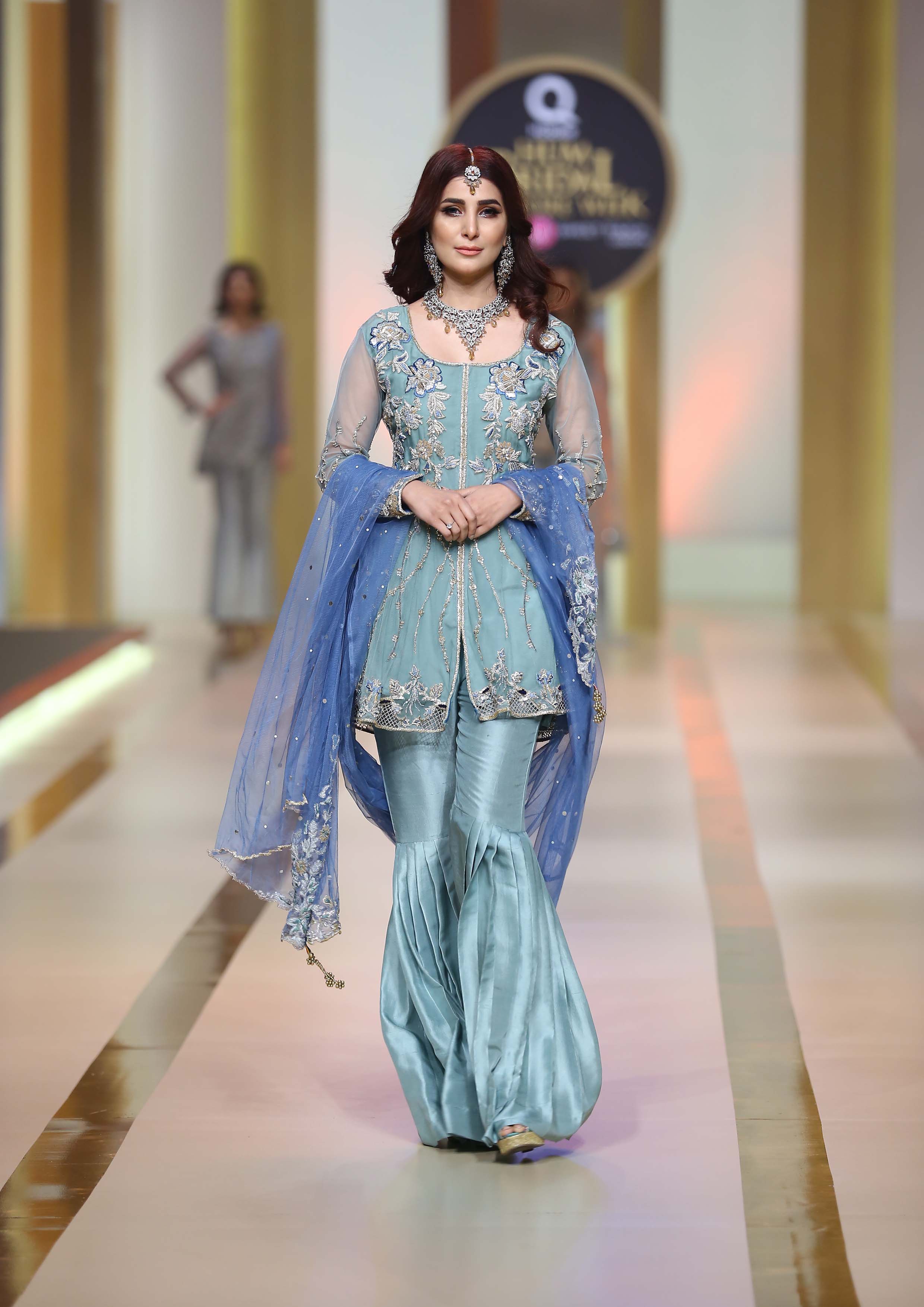 Pakistani Powder Blue Embroidered Organza Net Gharara (3-Piece) - Image 1
