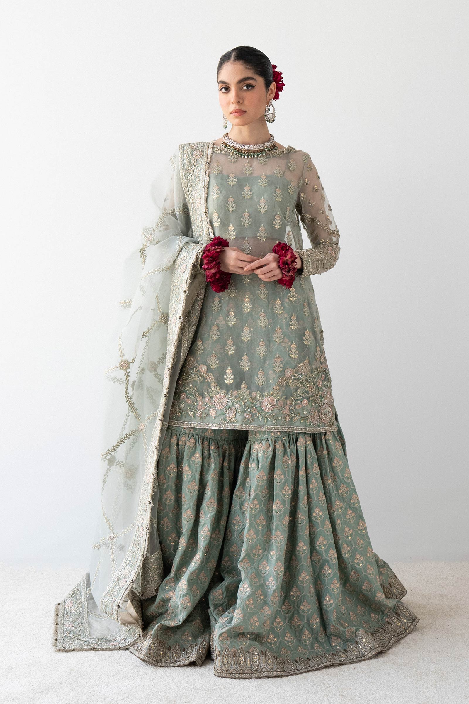 Pakistani Aqua Embroidered Organza & Silk Gharara (3-Piece) - Image 1