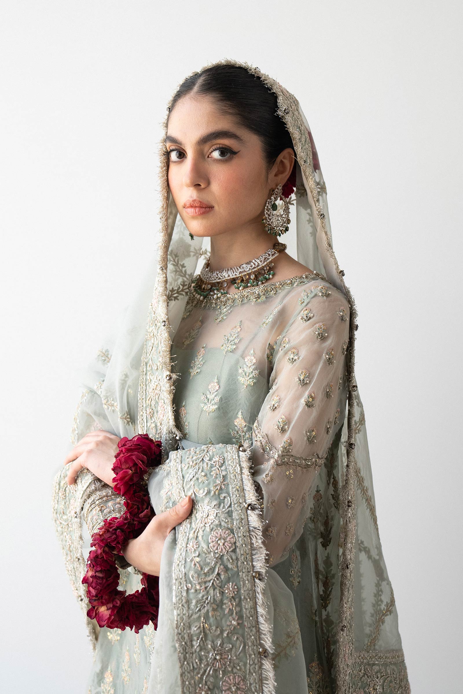 Pakistani Aqua Embroidered Organza & Silk Gharara (3-Piece) - Image 2