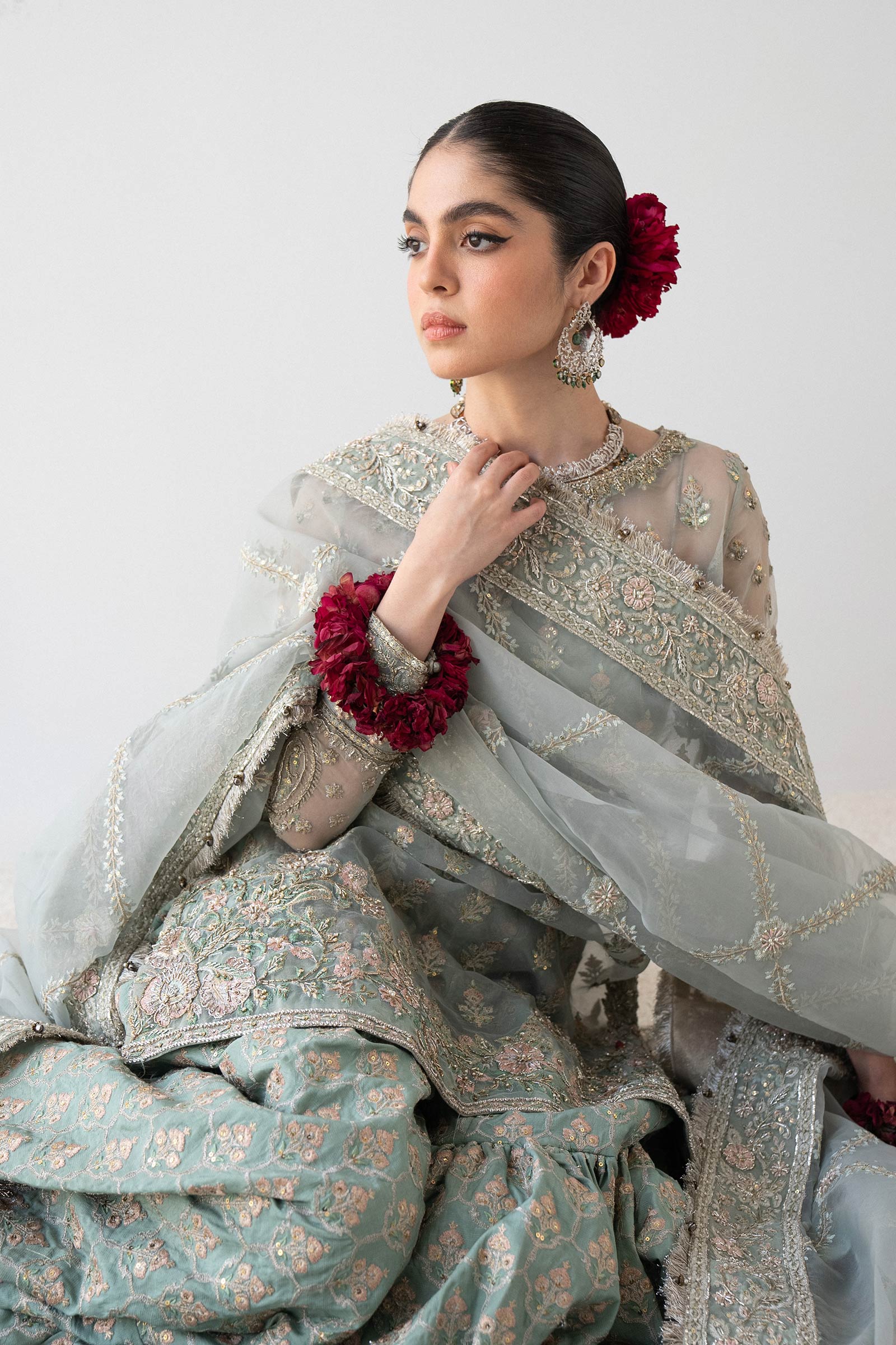 Pakistani Aqua Embroidered Organza & Silk Gharara (3-Piece) - Image 3