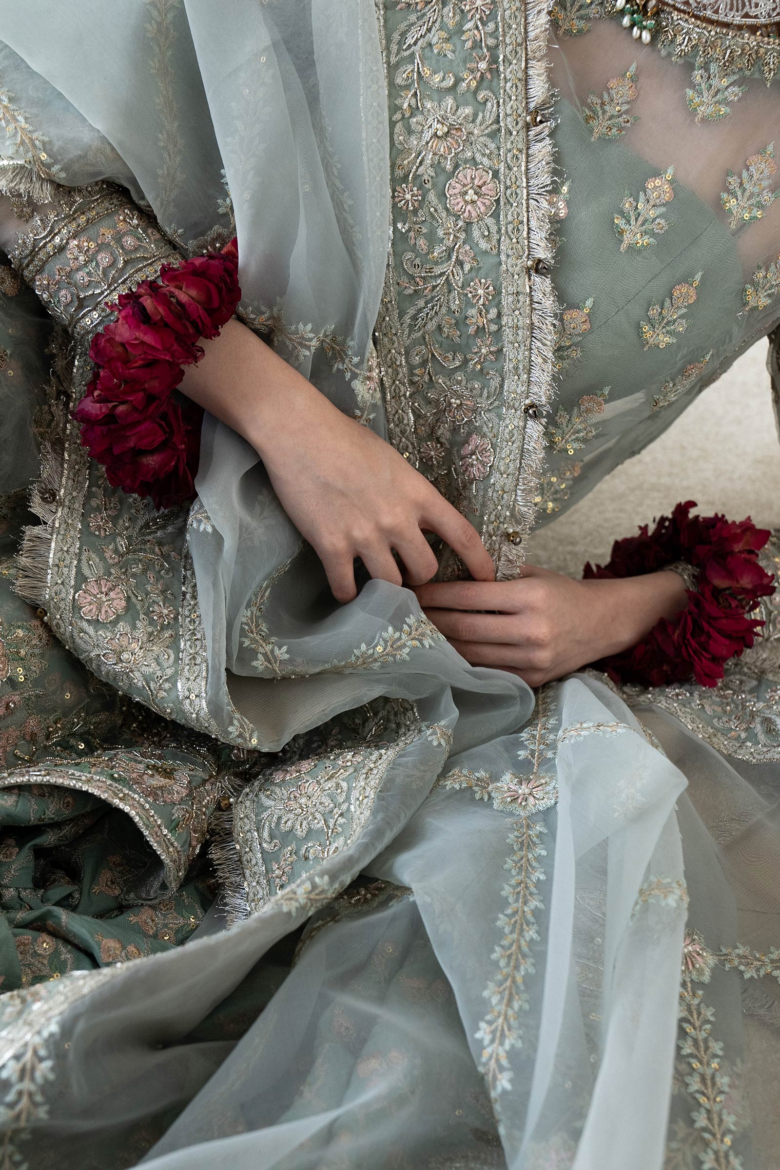 Pakistani Aqua Embroidered Organza & Silk Gharara (3-Piece) - Image 4