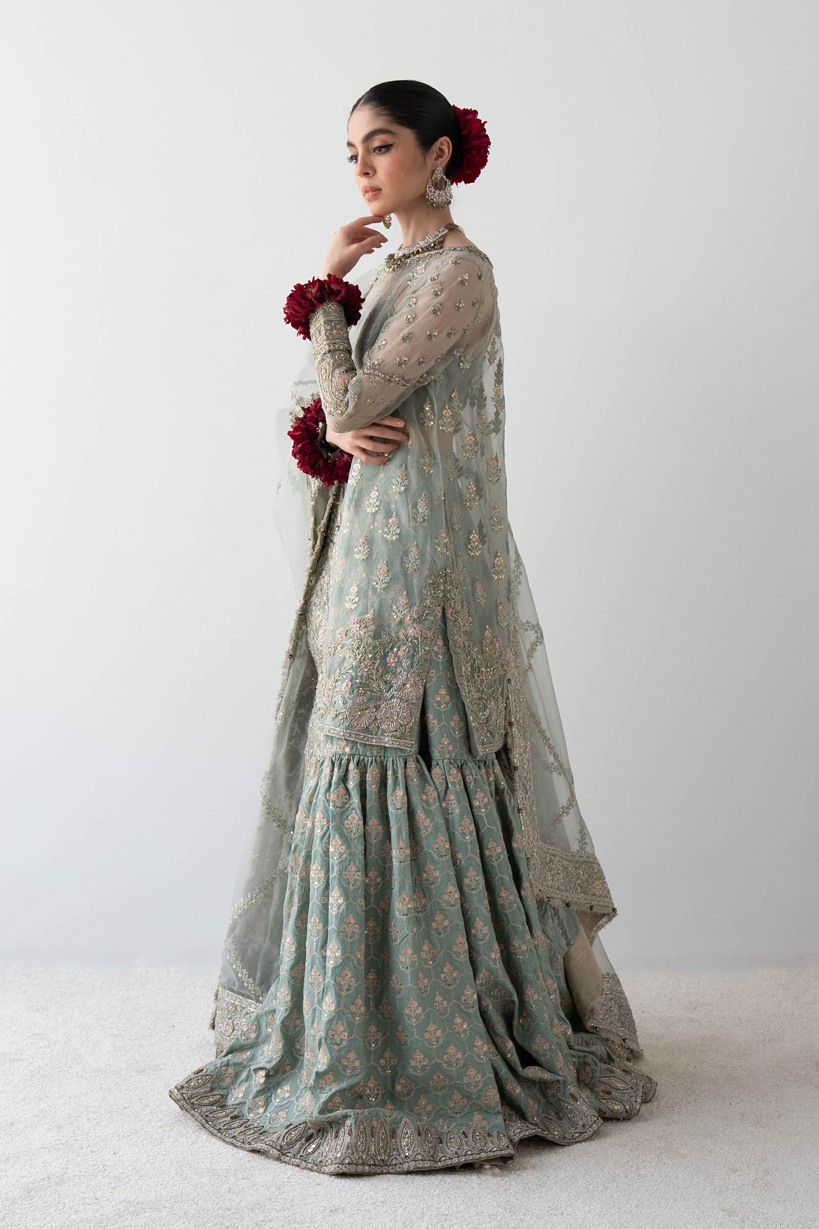 Pakistani Aqua Embroidered Organza & Silk Gharara (3-Piece) - Image 5