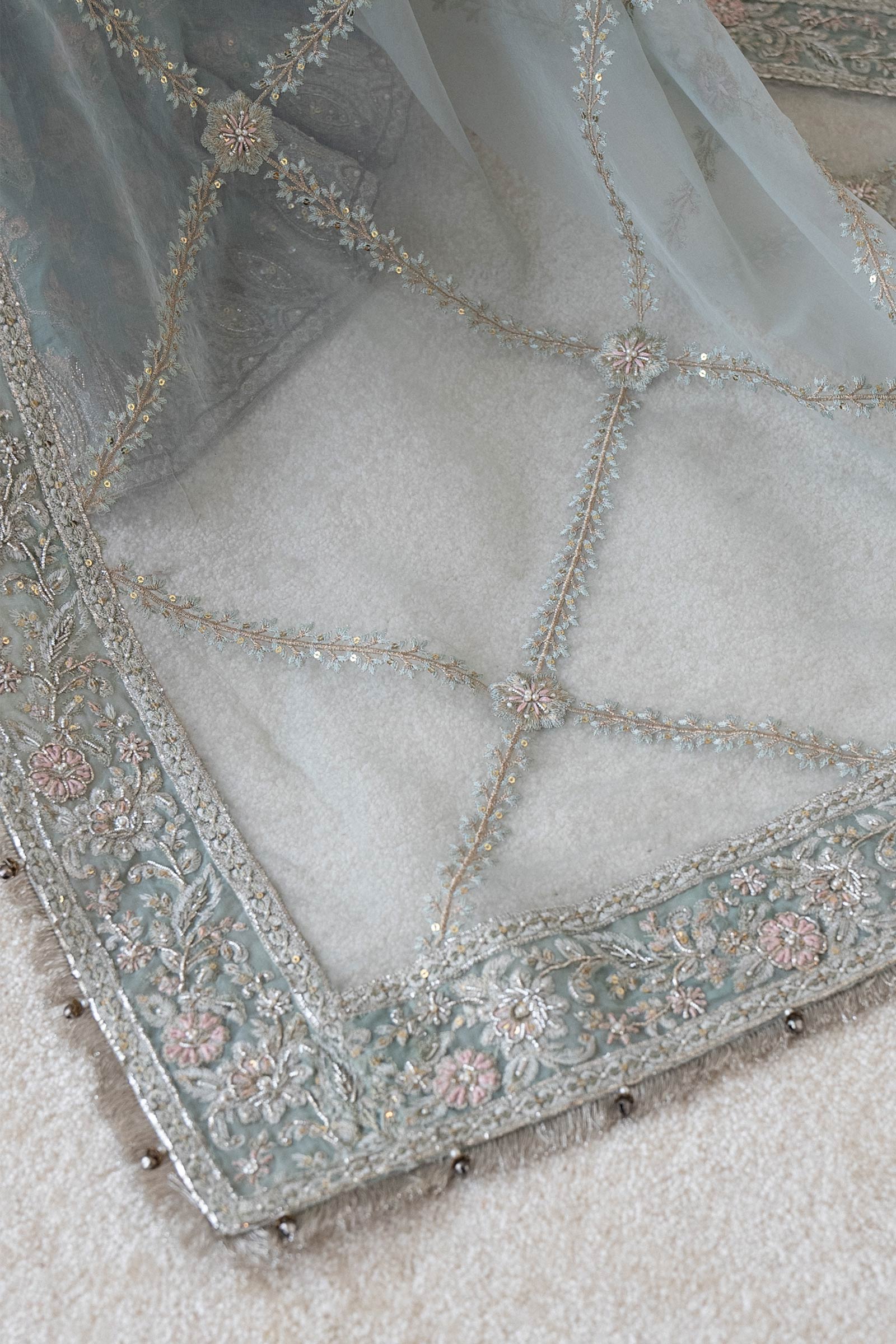 Pakistani Aqua Embroidered Organza & Silk Gharara (3-Piece) - Image 7