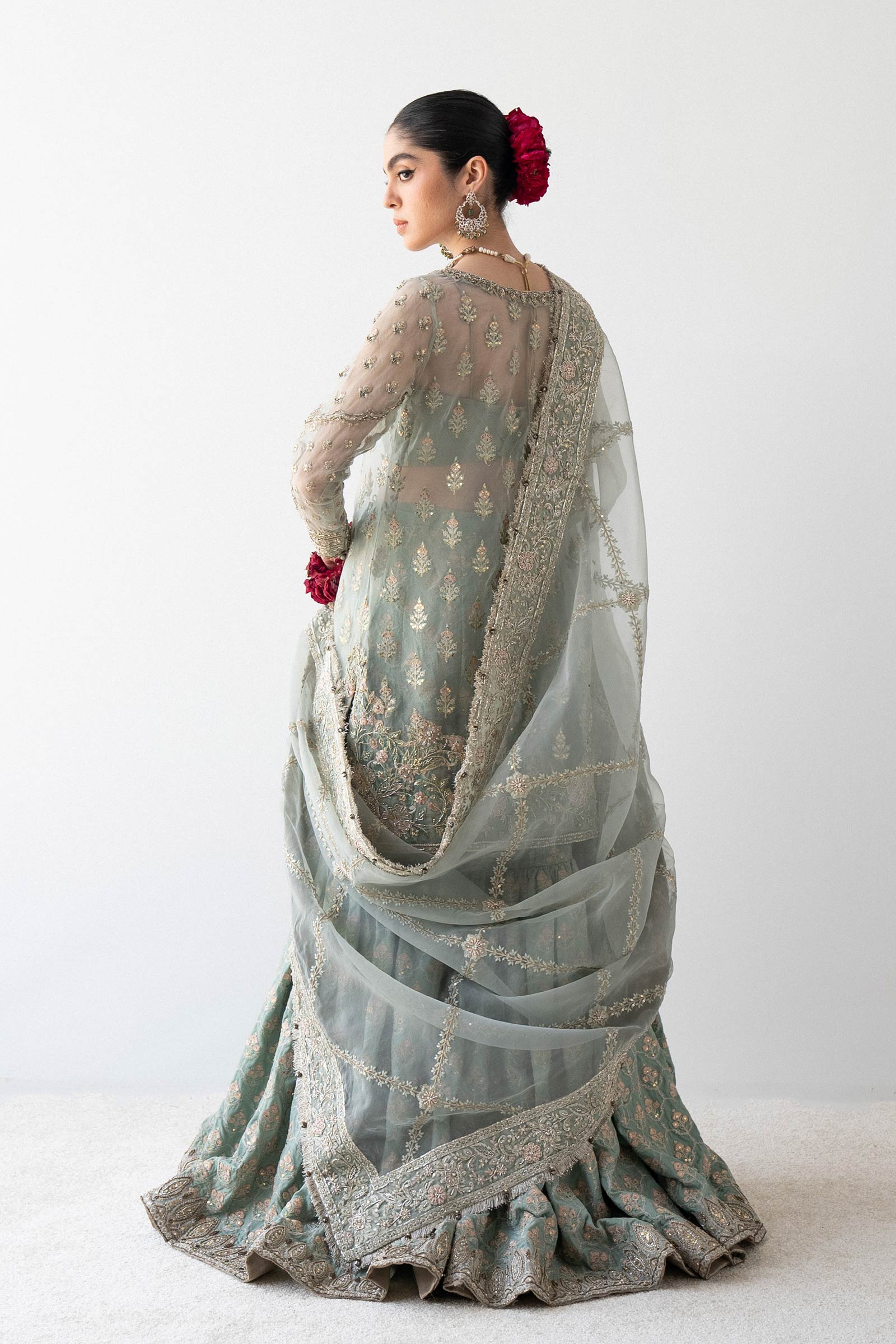 Pakistani Aqua Embroidered Organza & Silk Gharara (3-Piece) - Image 8