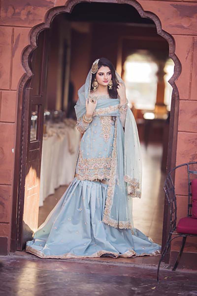 Powder Blue Embroidered Organza Gharara Set (3-Piece) - Image 2