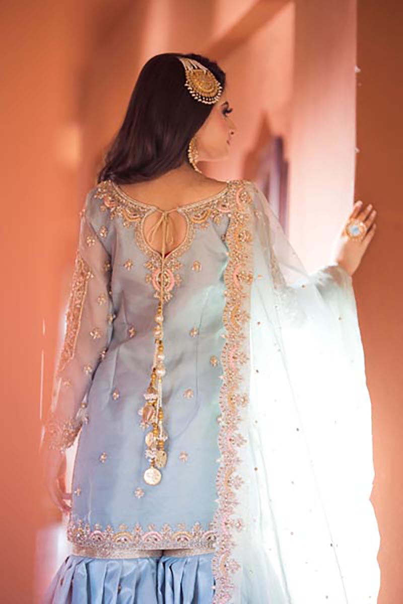 Powder Blue Embroidered Organza Gharara Set (3-Piece) - Image 6