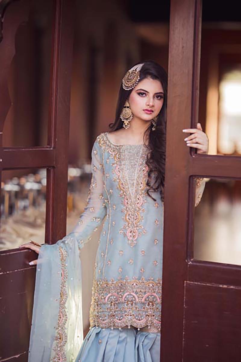 Pakistani Powder Blue Embroidered Organza Gharara (3-Piece) - Image 1