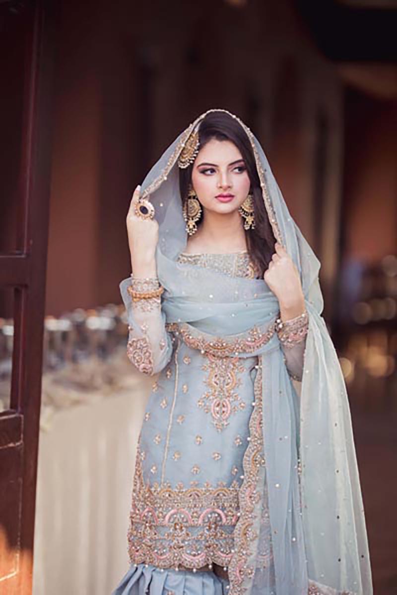 Pakistani Powder Blue Embroidered Organza Gharara (3-Piece) - Image 3