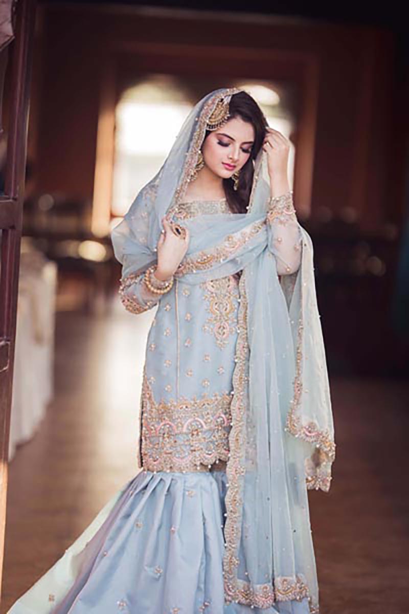 Pakistani Powder Blue Embroidered Organza Gharara (3-Piece) - Image 4
