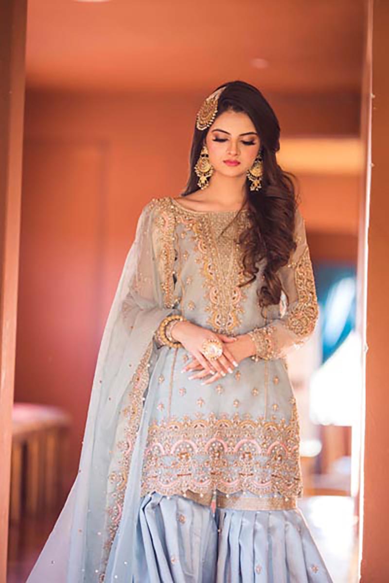 Pakistani Powder Blue Embroidered Organza Gharara (3-Piece) - Image 5