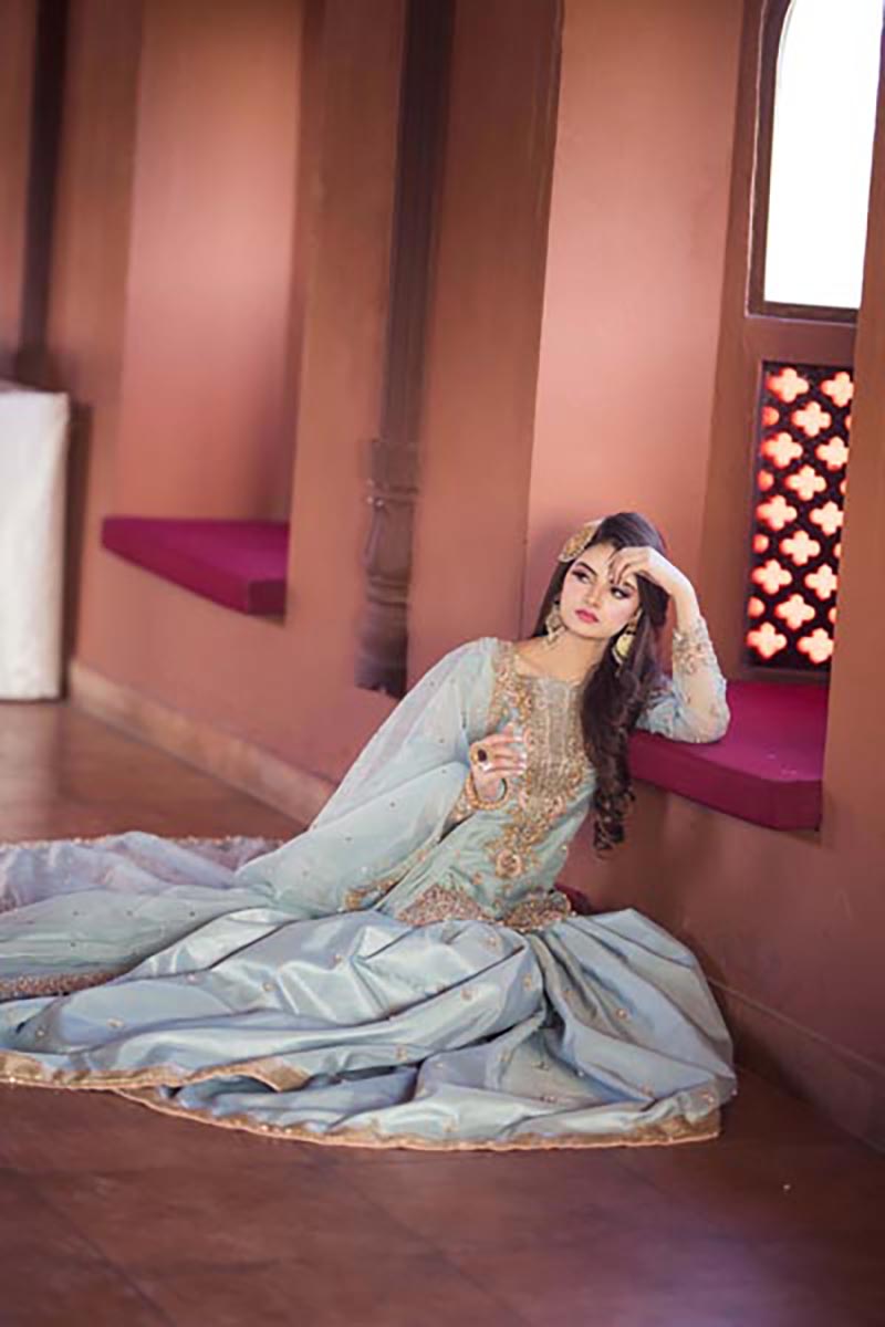 Pakistani Powder Blue Embroidered Organza Gharara (3-Piece) - Image 7