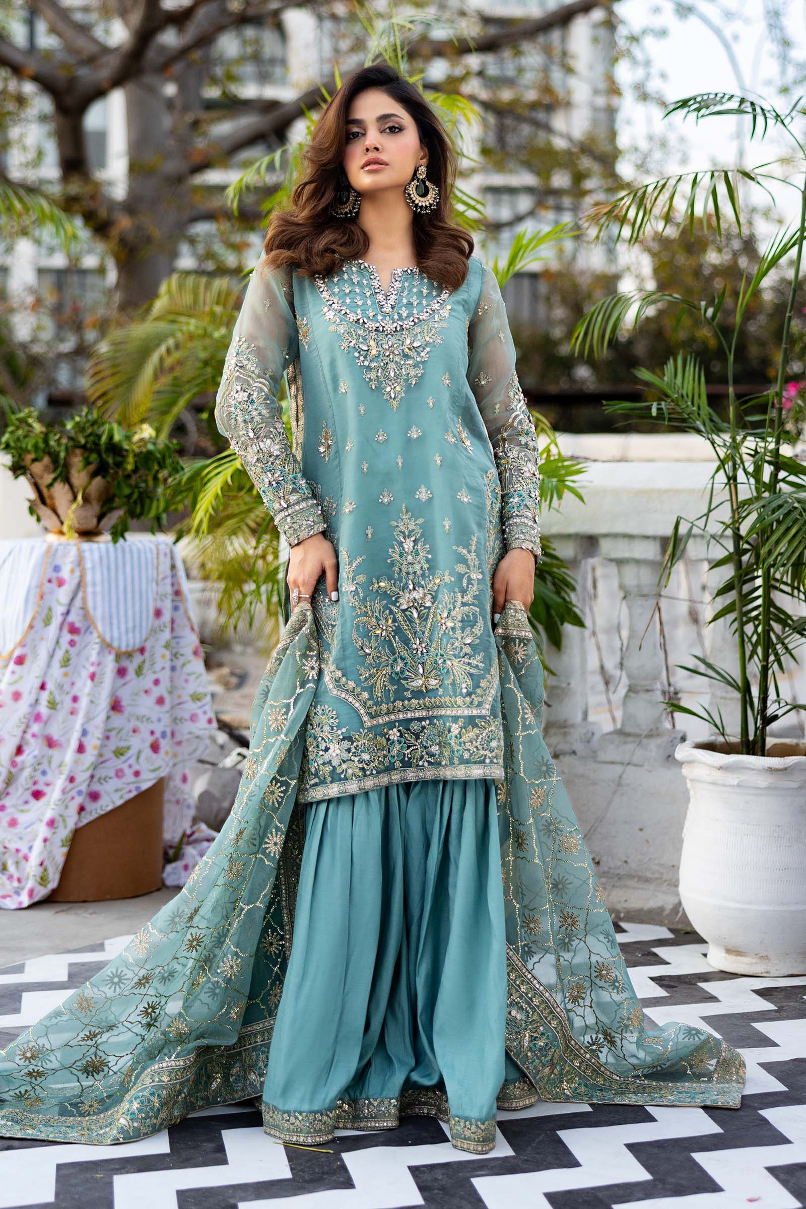 Ice Blue Embroidered Organza & Tissue Gharara (3-Piece) - Image 1