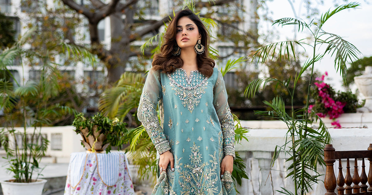 Ice Blue Embroidered Organza & Tissue Gharara (3-Piece) - Image 10