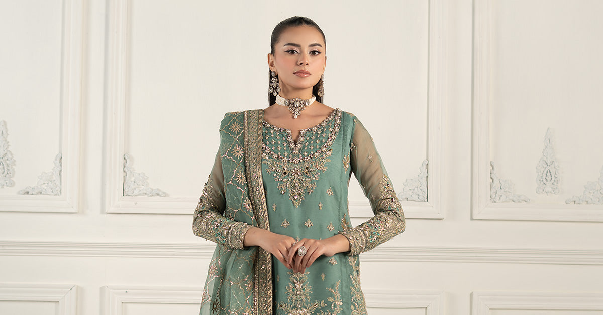 Ice Blue Embroidered Organza & Tissue Gharara (3-Piece) - Image 11