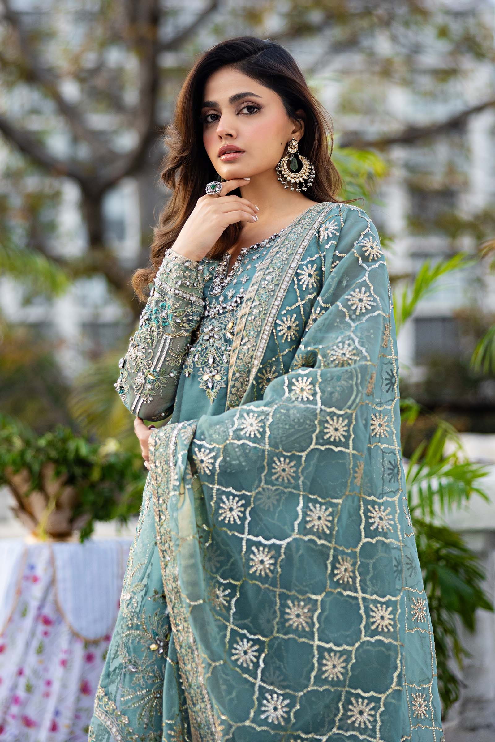 Ice Blue Embroidered Organza & Tissue Gharara (3-Piece) - Image 2