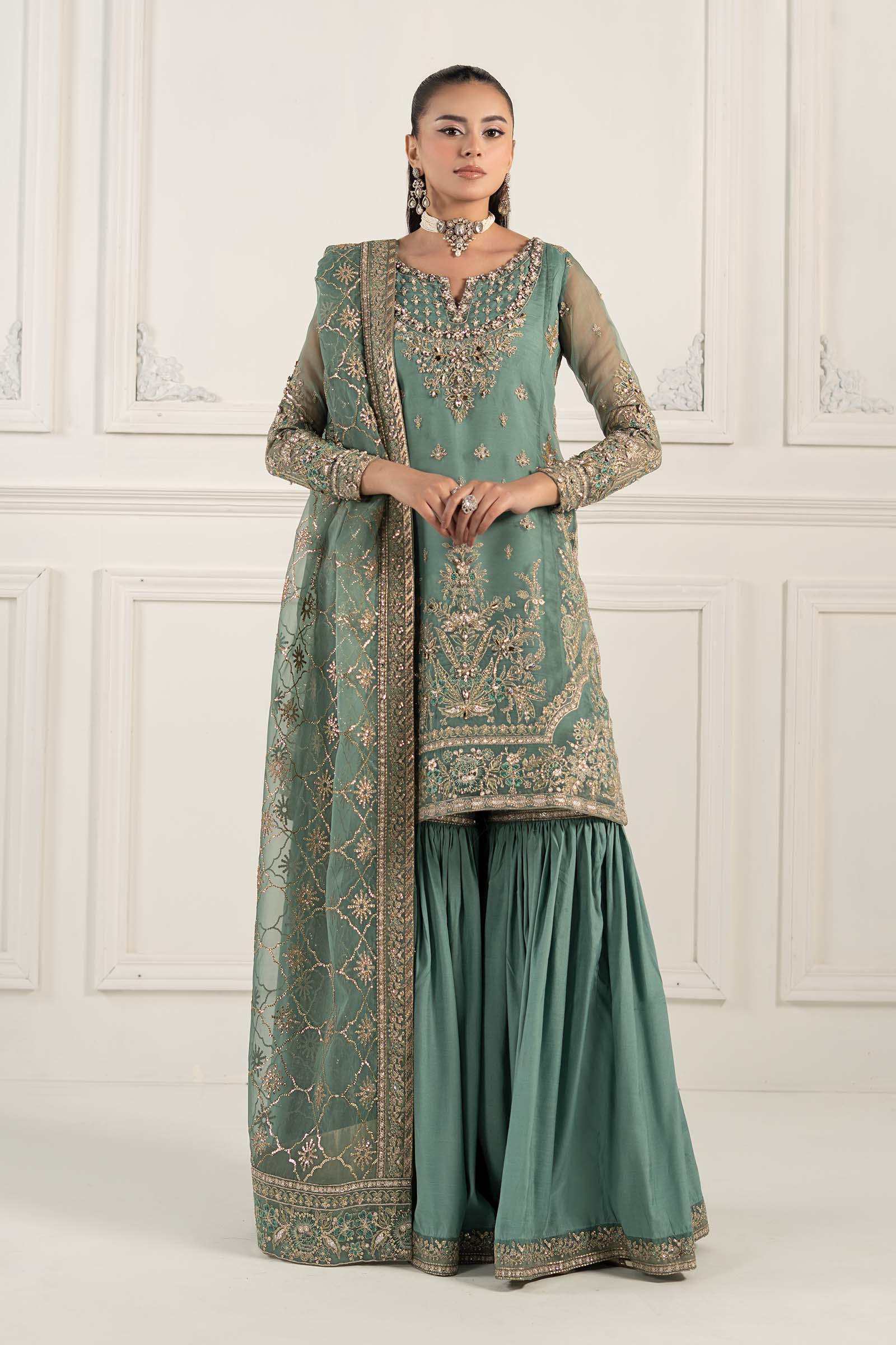 Ice Blue Embroidered Organza & Tissue Gharara (3-Piece) - Image 3