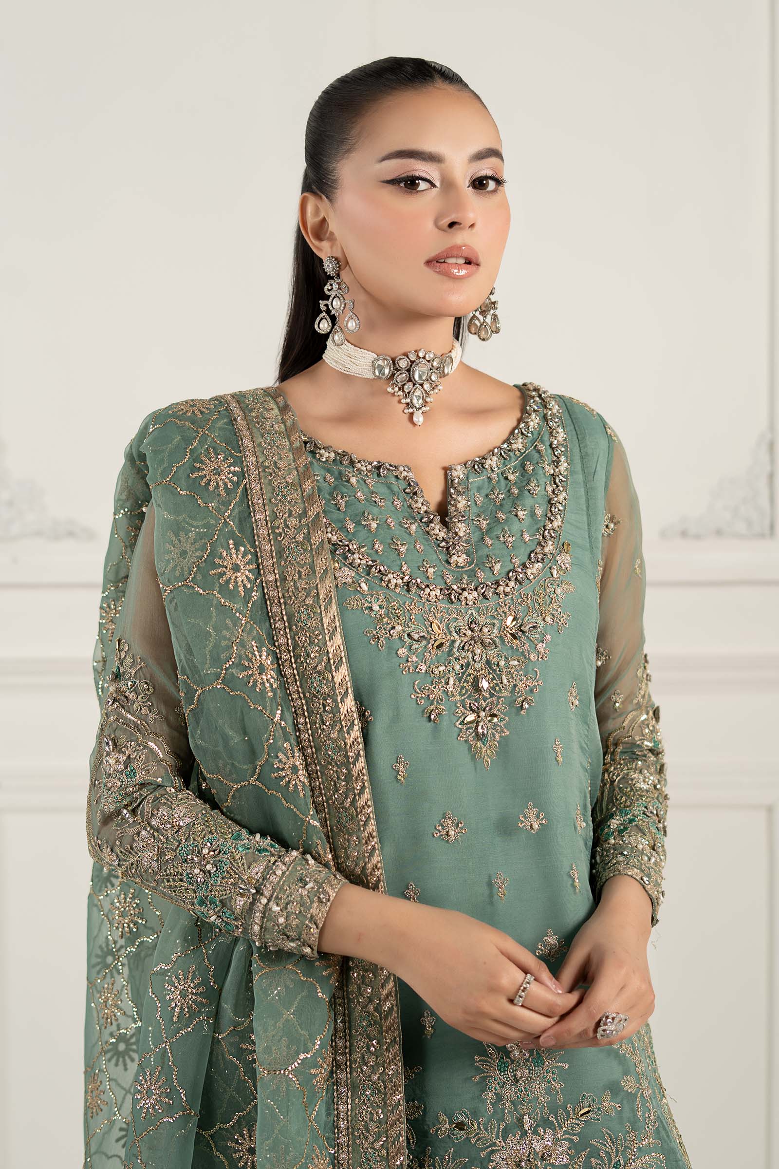 Ice Blue Embroidered Organza & Tissue Gharara (3-Piece) - Image 5