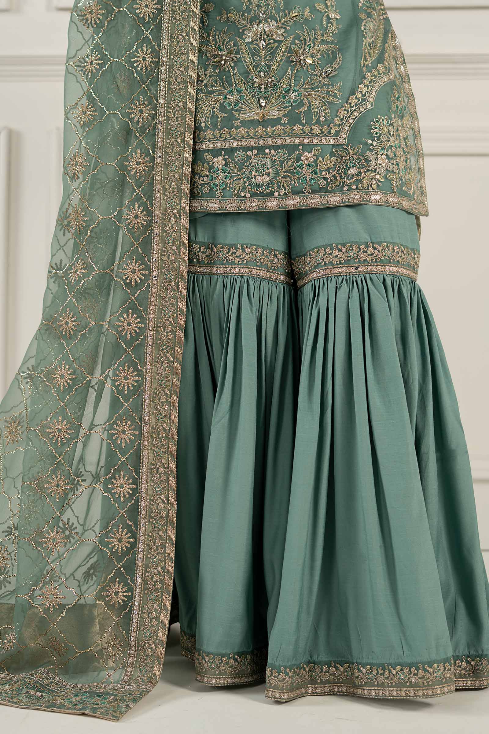 Ice Blue Embroidered Organza & Tissue Gharara (3-Piece) - Image 7