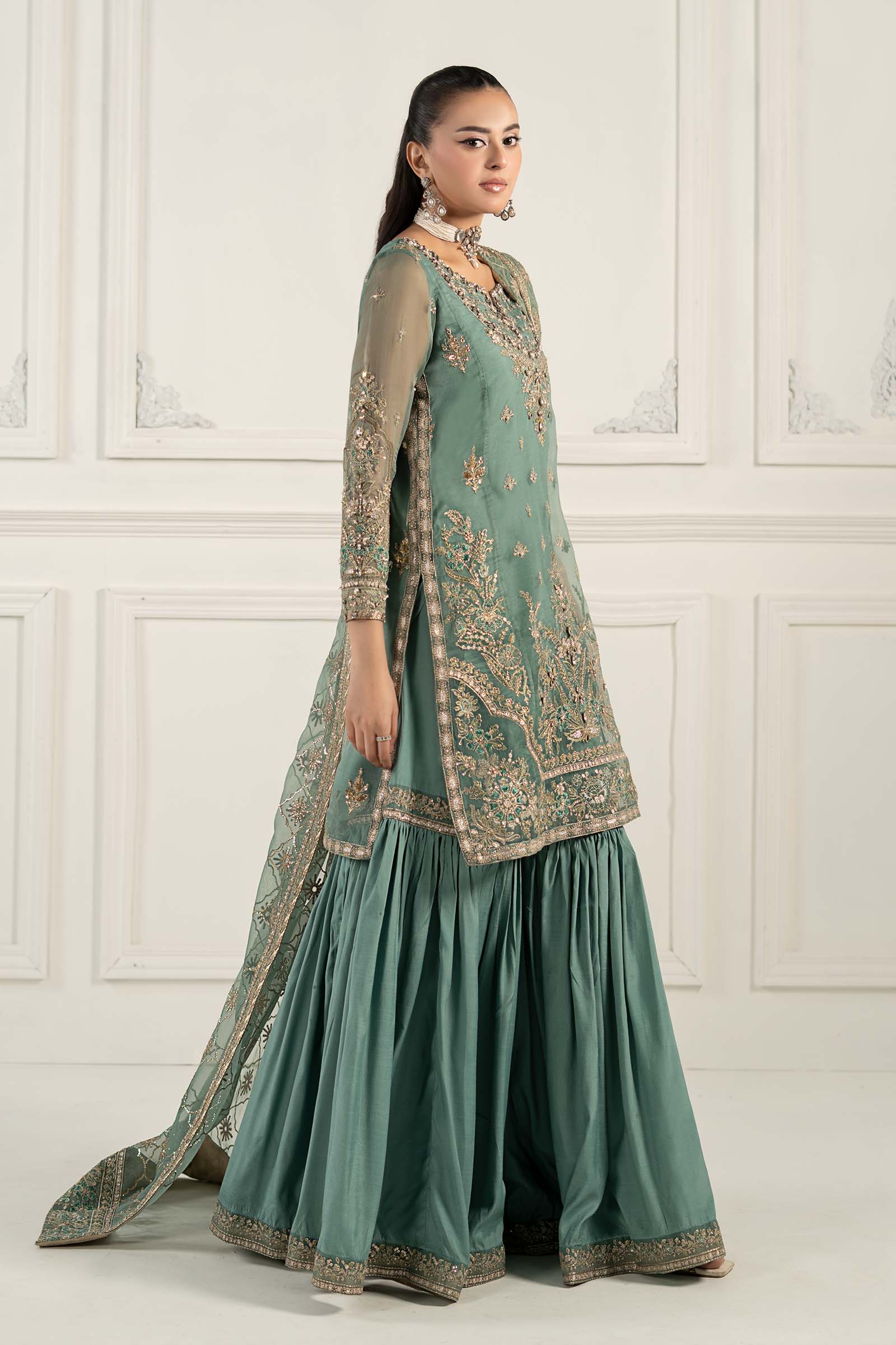 Ice Blue Embroidered Organza & Tissue Gharara (3-Piece) - Image 8